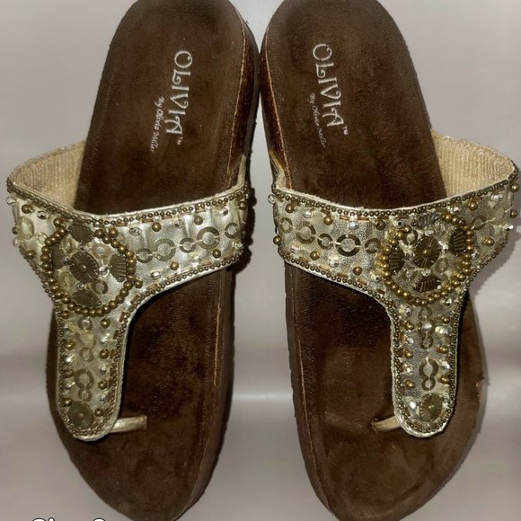 OLIVIA by Olivia Miller Gold Copper Sequin Thong Sandal Cork Footbed - Picture 1 of 5